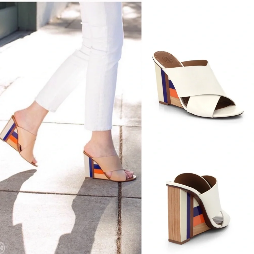 Tory Burch Leather Perspex Wedge Mules Cube Leather Crossover Wedge Sandals - Picture 2 of 16